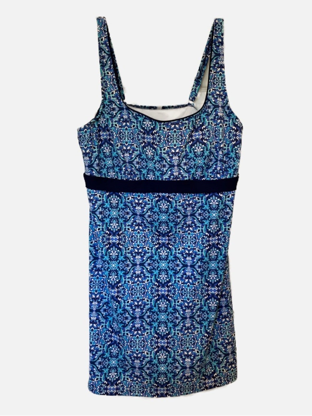 Lands' End Women’s Swim Tankini Dress with Navy Trim Blue White Floral Mosaic 16